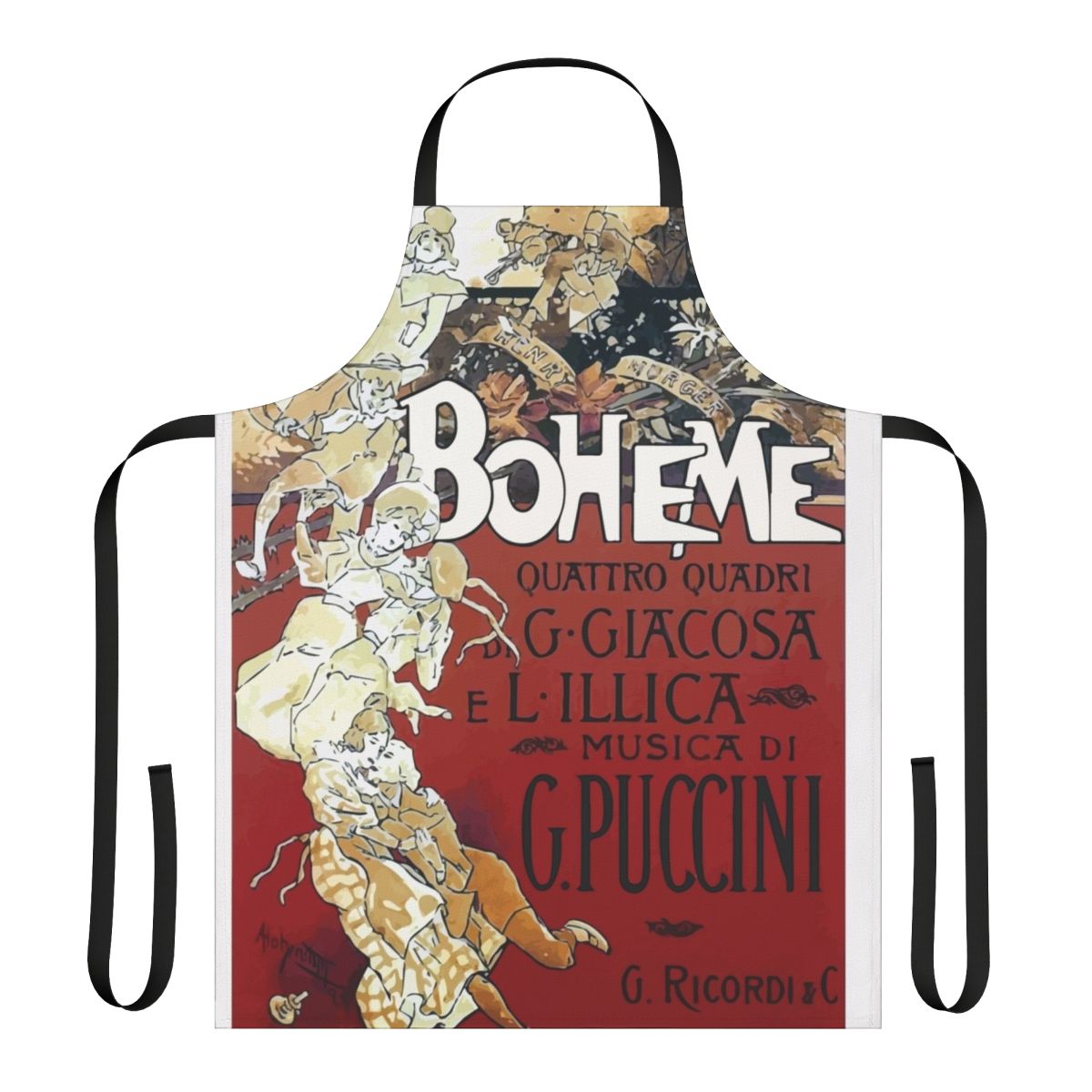 Vintage-inspired apron featuring a classic opera theme from the musical La Boheme