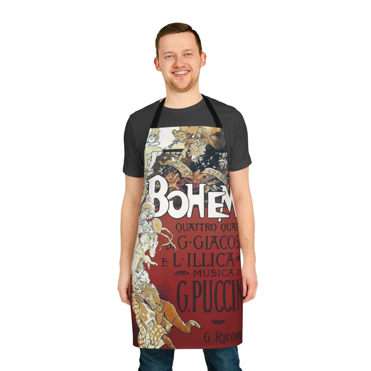 Vintage-inspired apron featuring a classic opera theme from the musical La Boheme