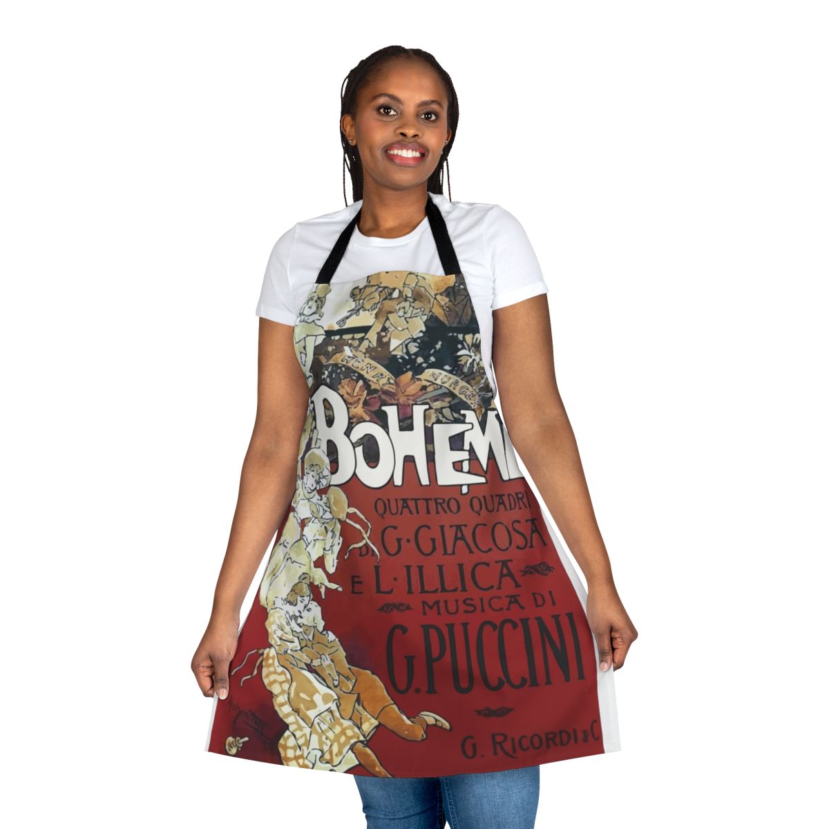 Vintage-inspired apron featuring a classic opera theme from the musical La Boheme