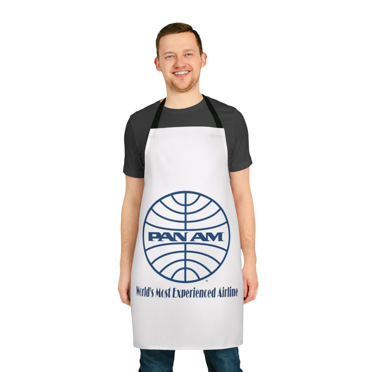 Vintage-inspired Pan Am airline apron featuring the iconic Pan Am logo and "World's Most Experienced Airline" text