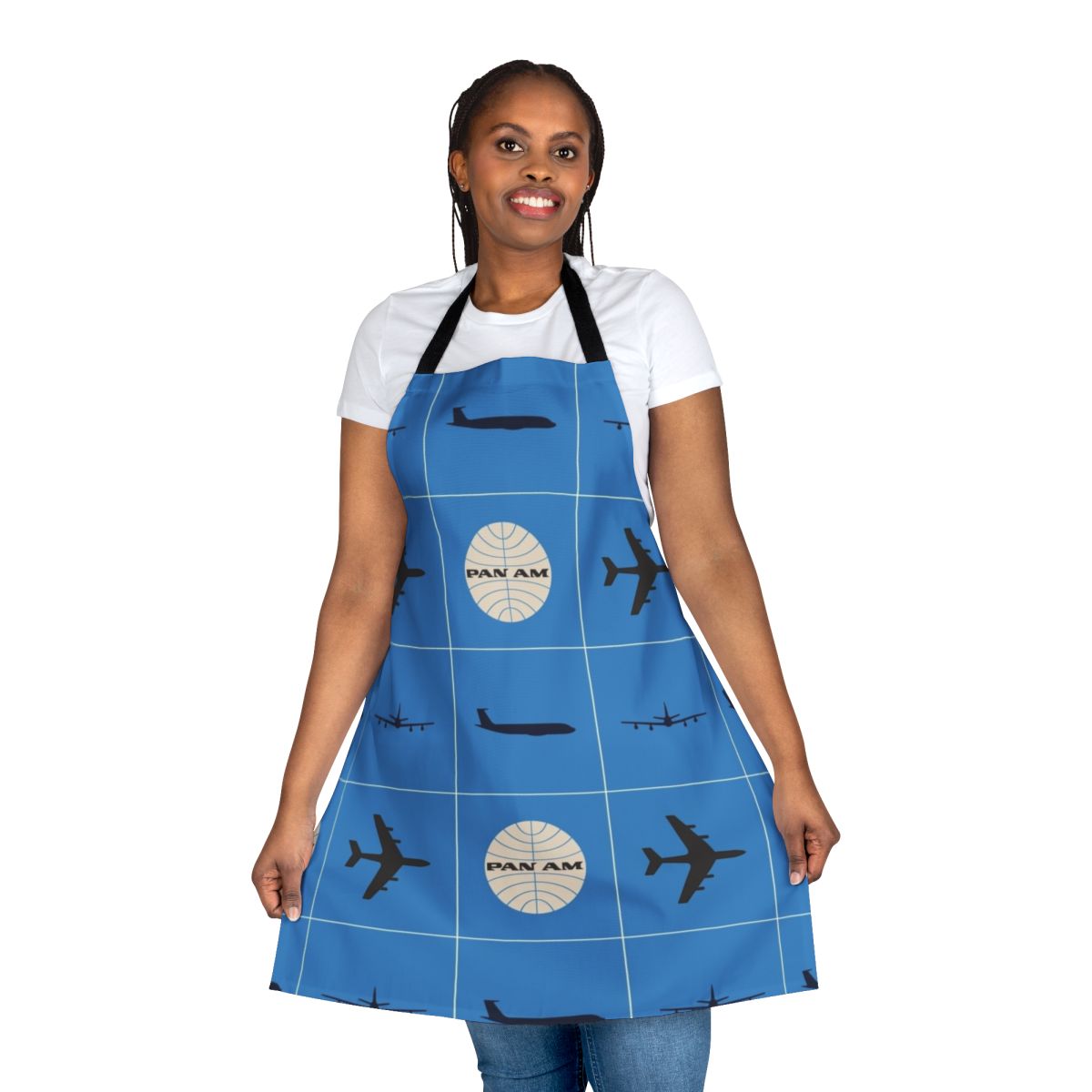 Apron featuring a vintage-inspired square pattern design inspired by the iconic Pan Am airline logo and branding