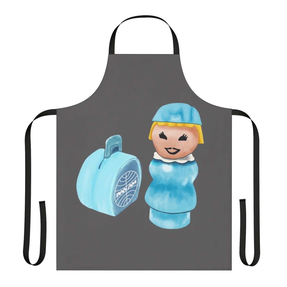 A blue vintage-inspired apron with the Pan Am logo and "Sky Hostess" text, designed to look like a classic airline uniform.