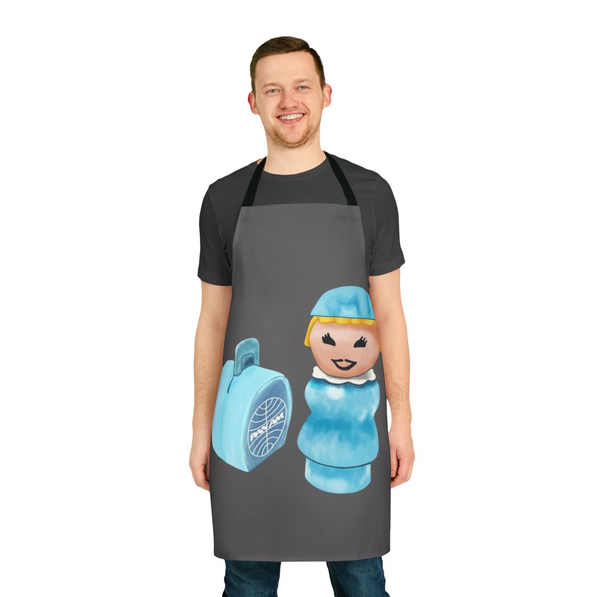A blue vintage-inspired apron with the Pan Am logo and "Sky Hostess" text, designed to look like a classic airline uniform.