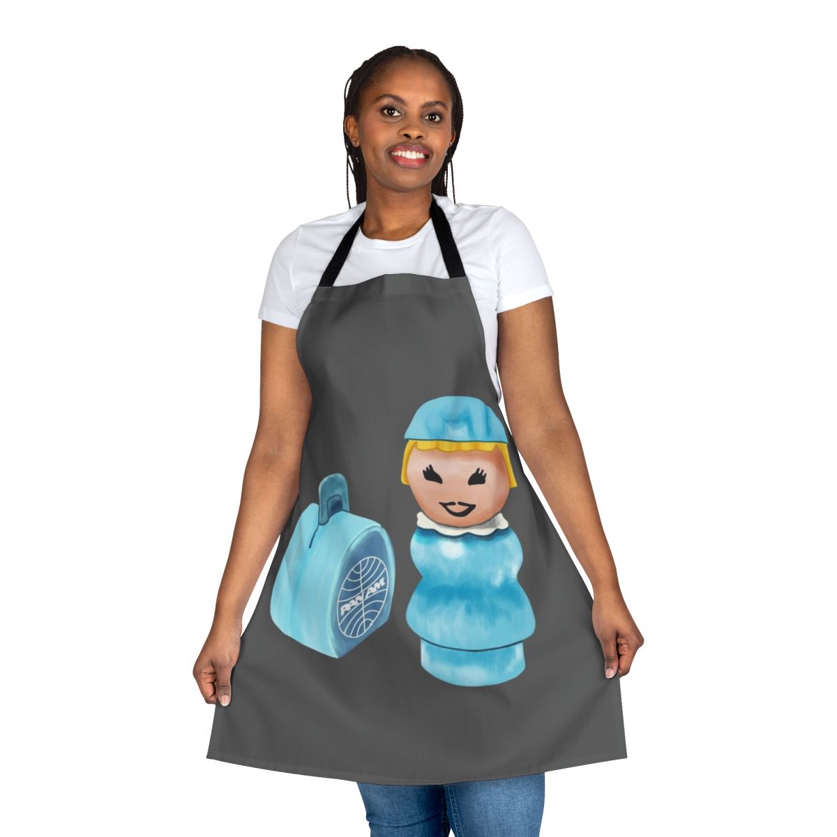 A blue vintage-inspired apron with the Pan Am logo and "Sky Hostess" text, designed to look like a classic airline uniform.