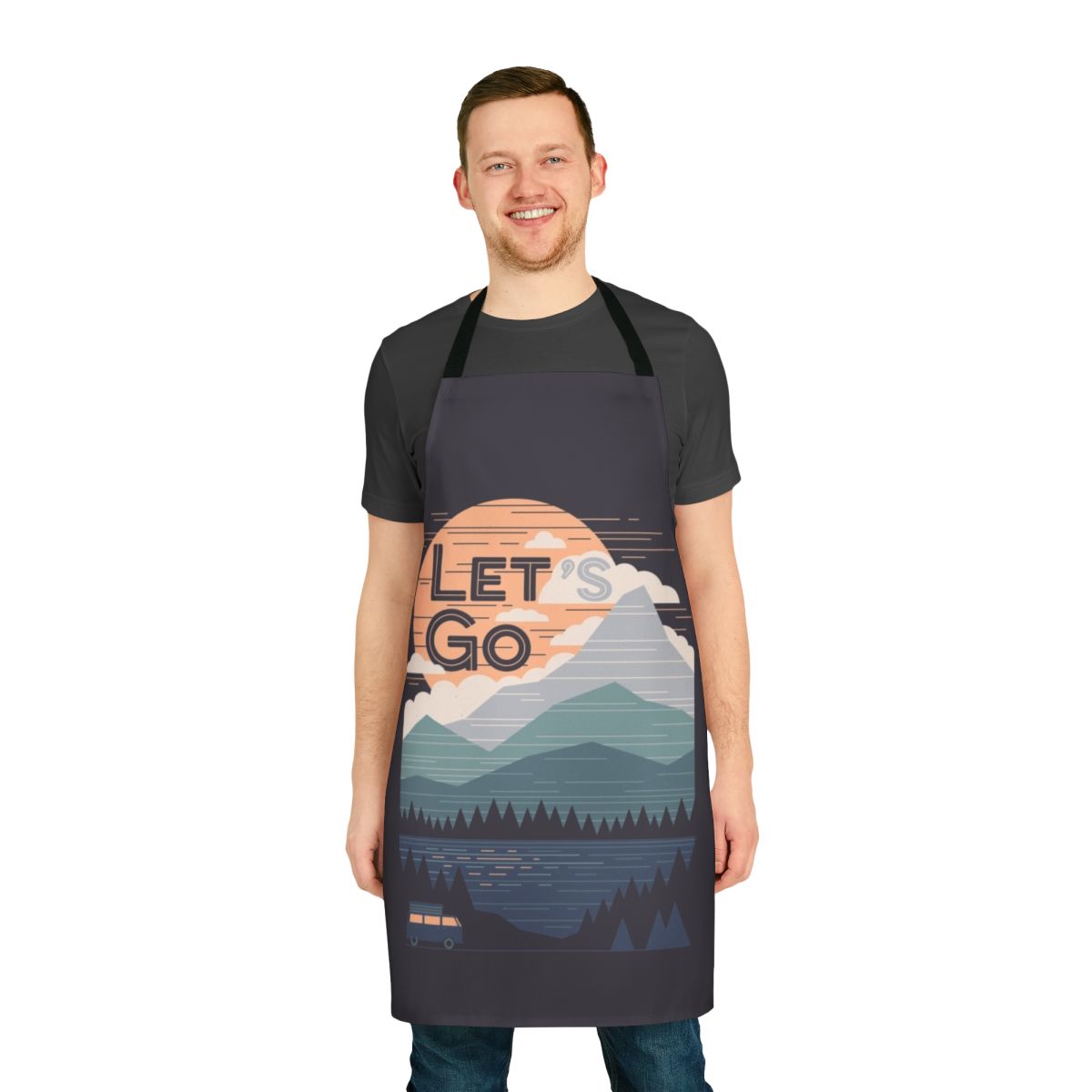 Vintage-inspired pastel colored apron with mountains and minimalist graphic design, perfect for camping, road trips, and travel adventures.