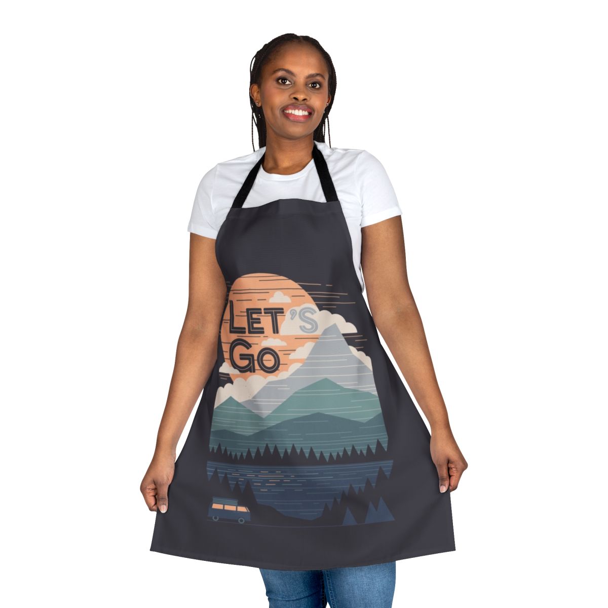 Vintage-inspired pastel colored apron with mountains and minimalist graphic design, perfect for camping, road trips, and travel adventures.