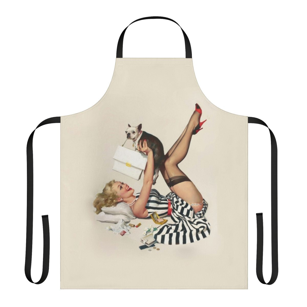 Vintage-inspired pinup style apron featuring a beautiful, curvy woman in a classic retro pose.
