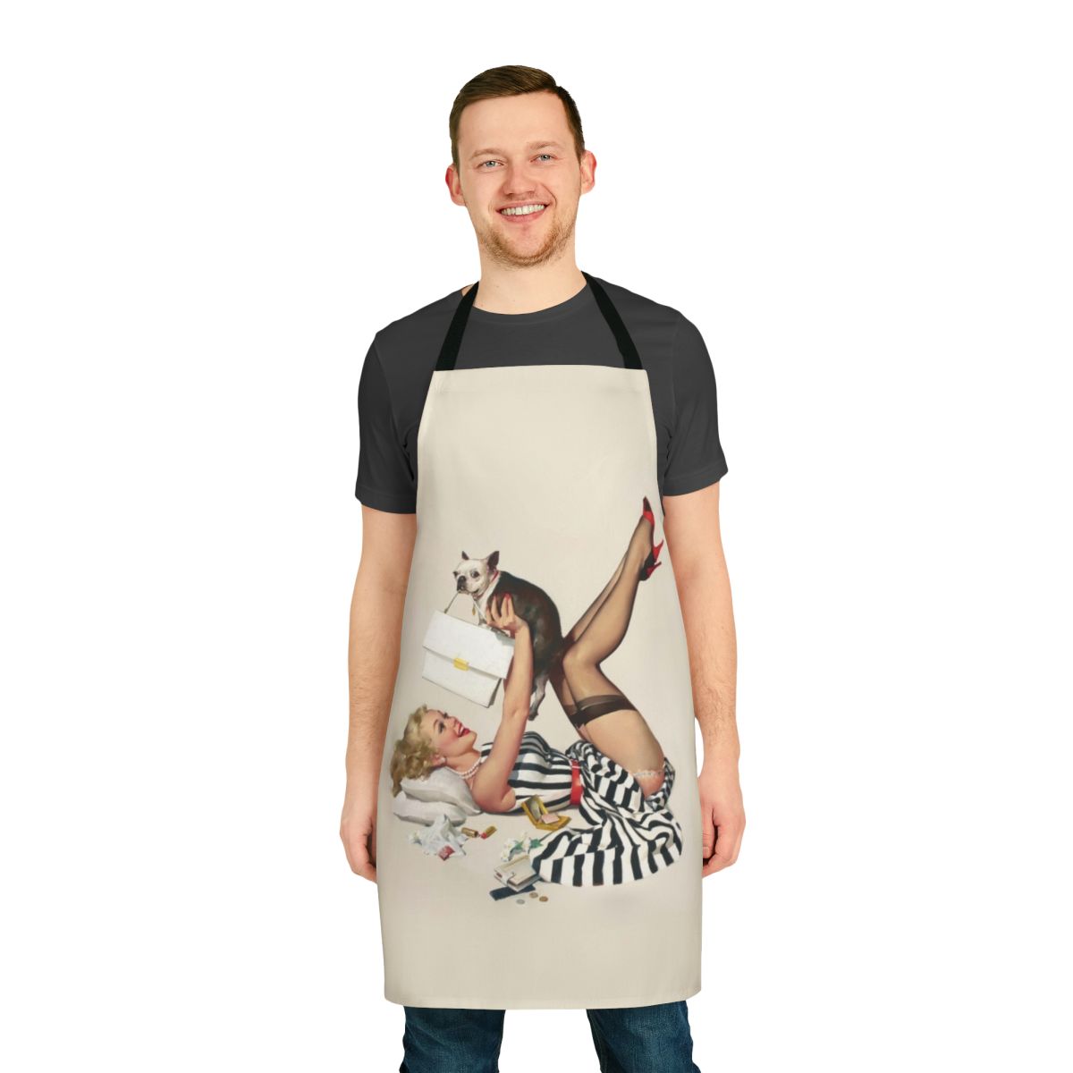 Vintage-inspired pinup style apron featuring a beautiful, curvy woman in a classic retro pose.