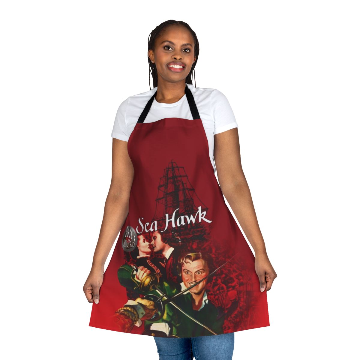 Vintage-style pirate apron with ship, sword, and Errol Flynn-inspired design