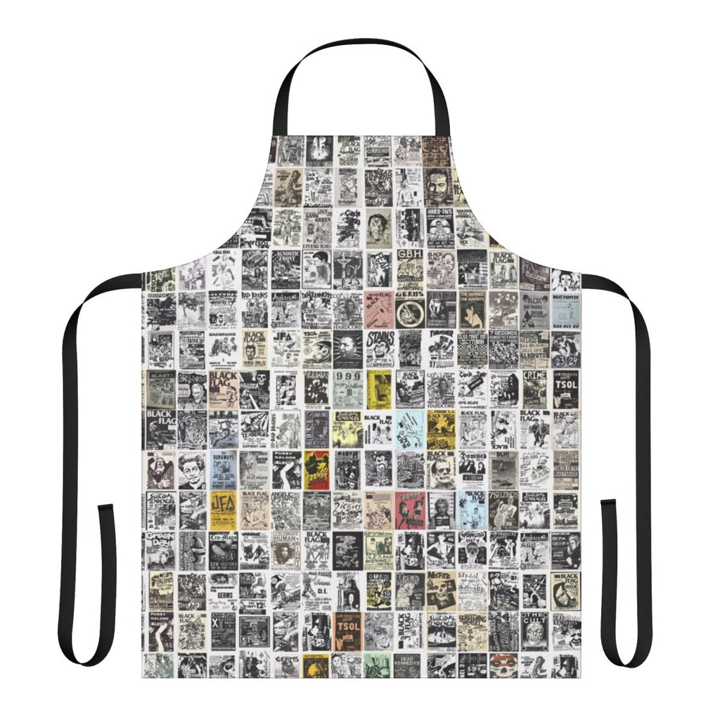 A vintage-style apron featuring punk rock band flyers and graphics