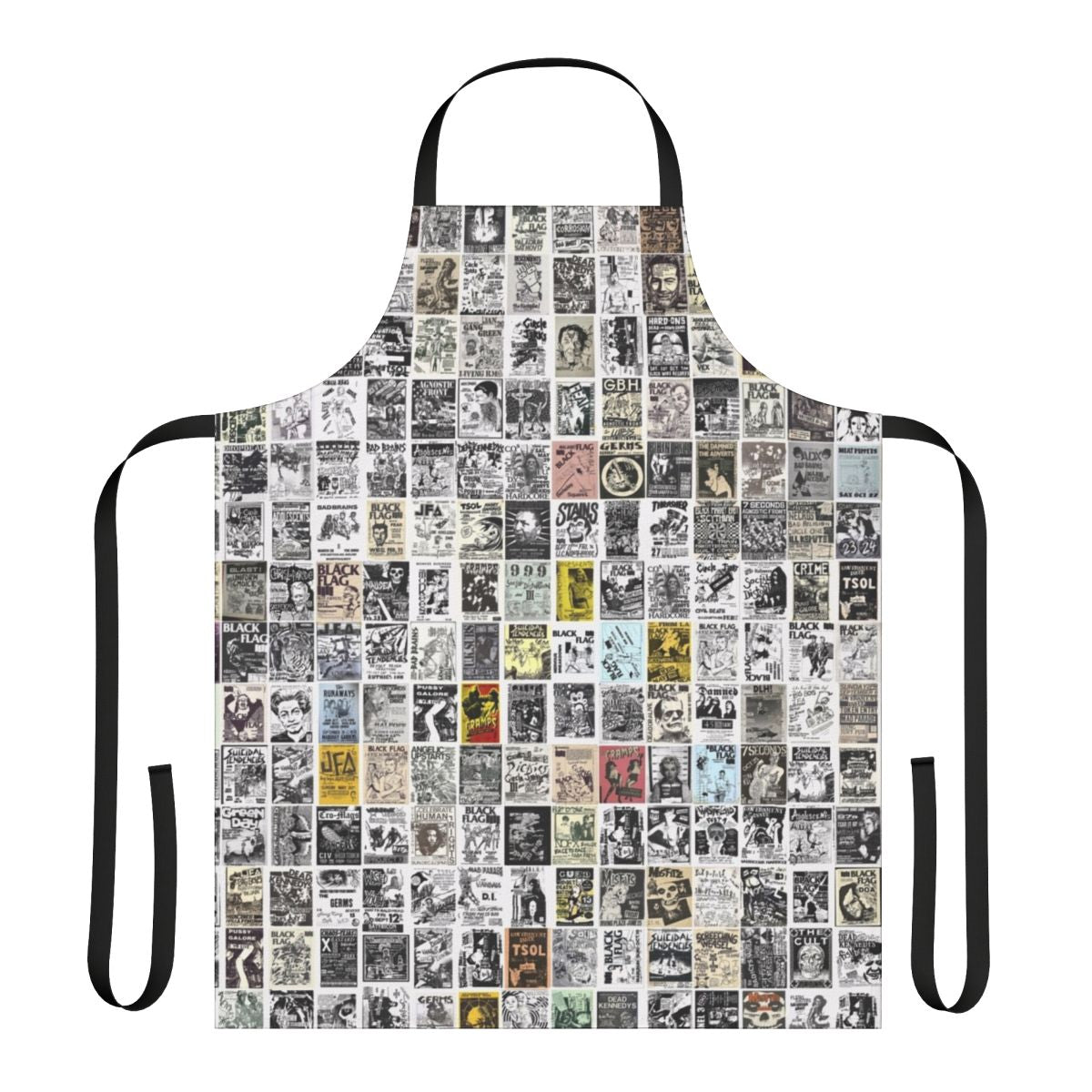 A vintage-style apron featuring punk rock band flyers and graphics