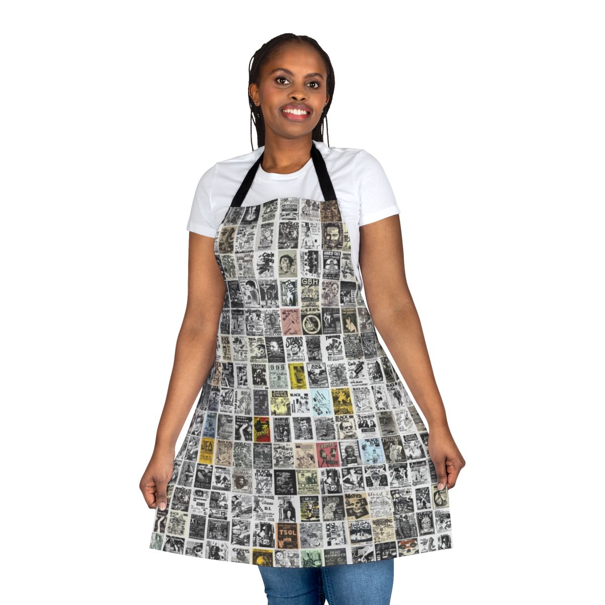 A vintage-style apron featuring punk rock band flyers and graphics