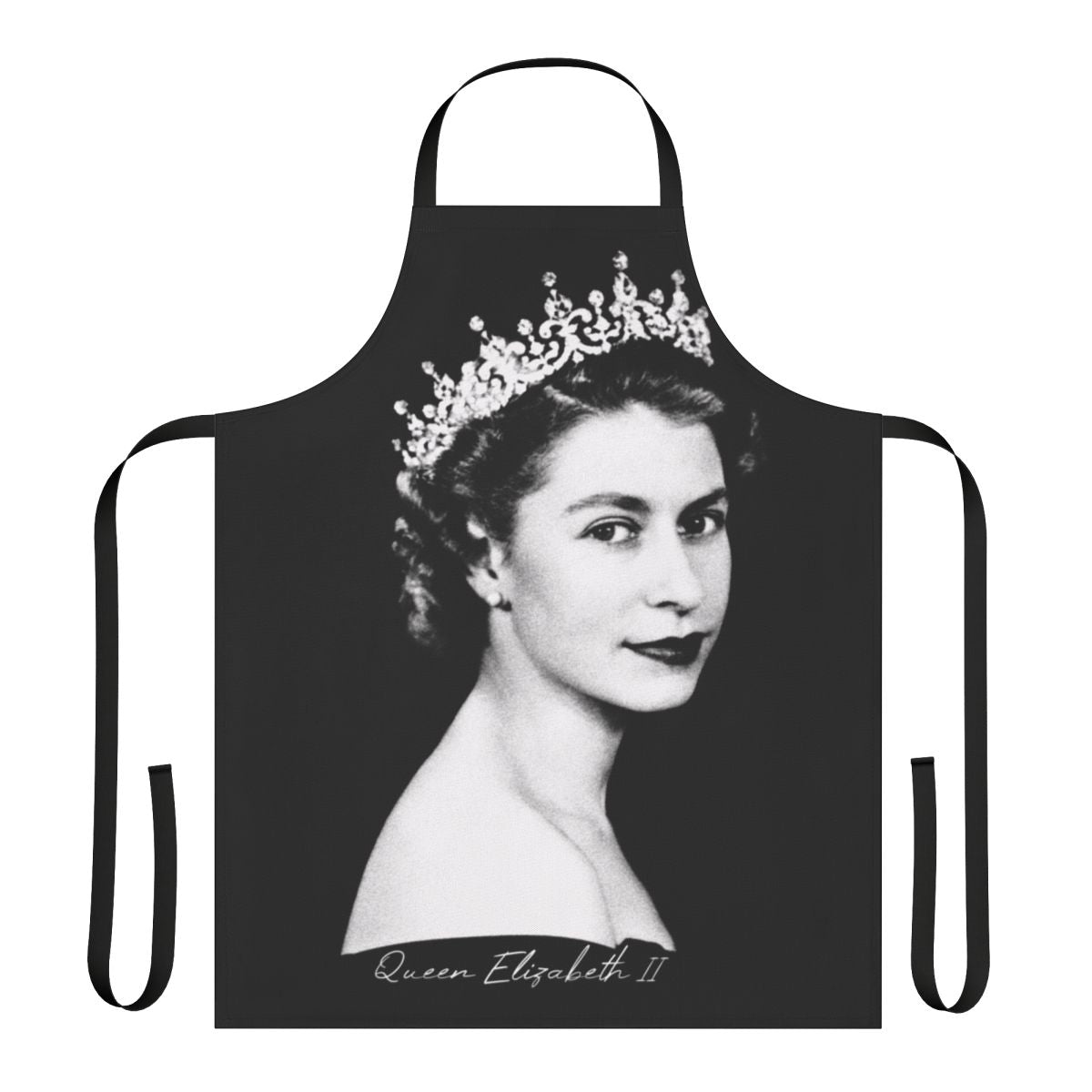 Vintage-style apron featuring a retro image of Queen Elizabeth II of the United Kingdom