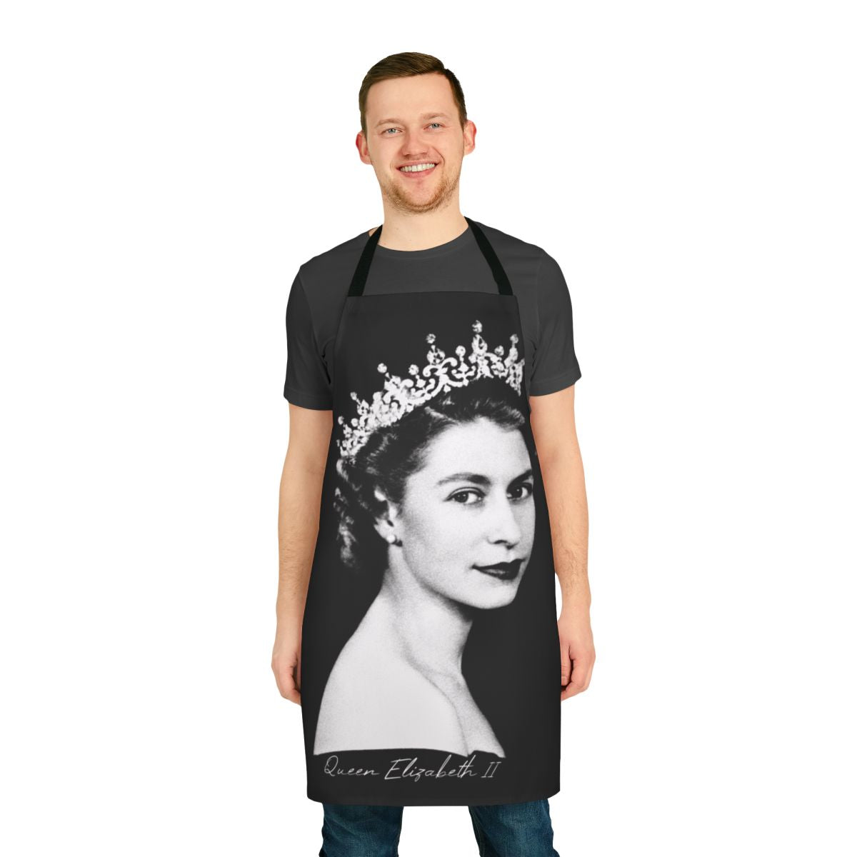 Vintage-style apron featuring a retro image of Queen Elizabeth II of the United Kingdom