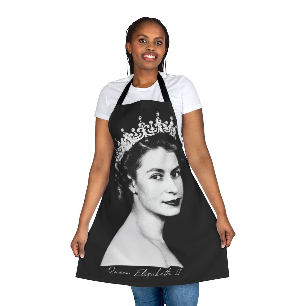 Vintage-style apron featuring a retro image of Queen Elizabeth II of the United Kingdom