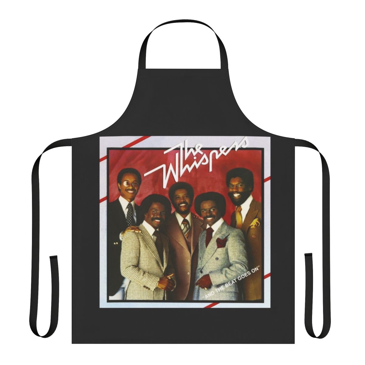 Vintage-inspired apron featuring stylized text and graphics in a retro R&B and funk style