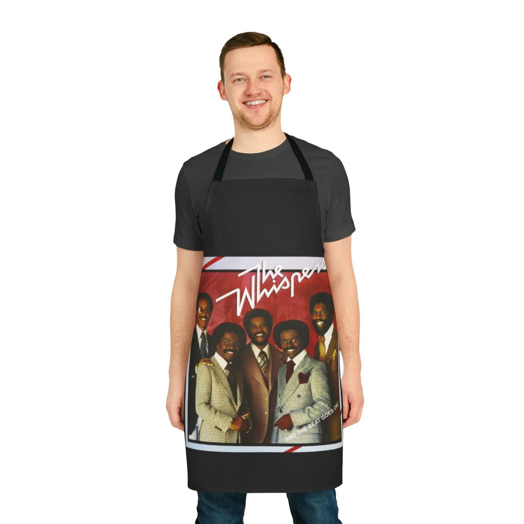 Vintage-inspired apron featuring stylized text and graphics in a retro R&B and funk style