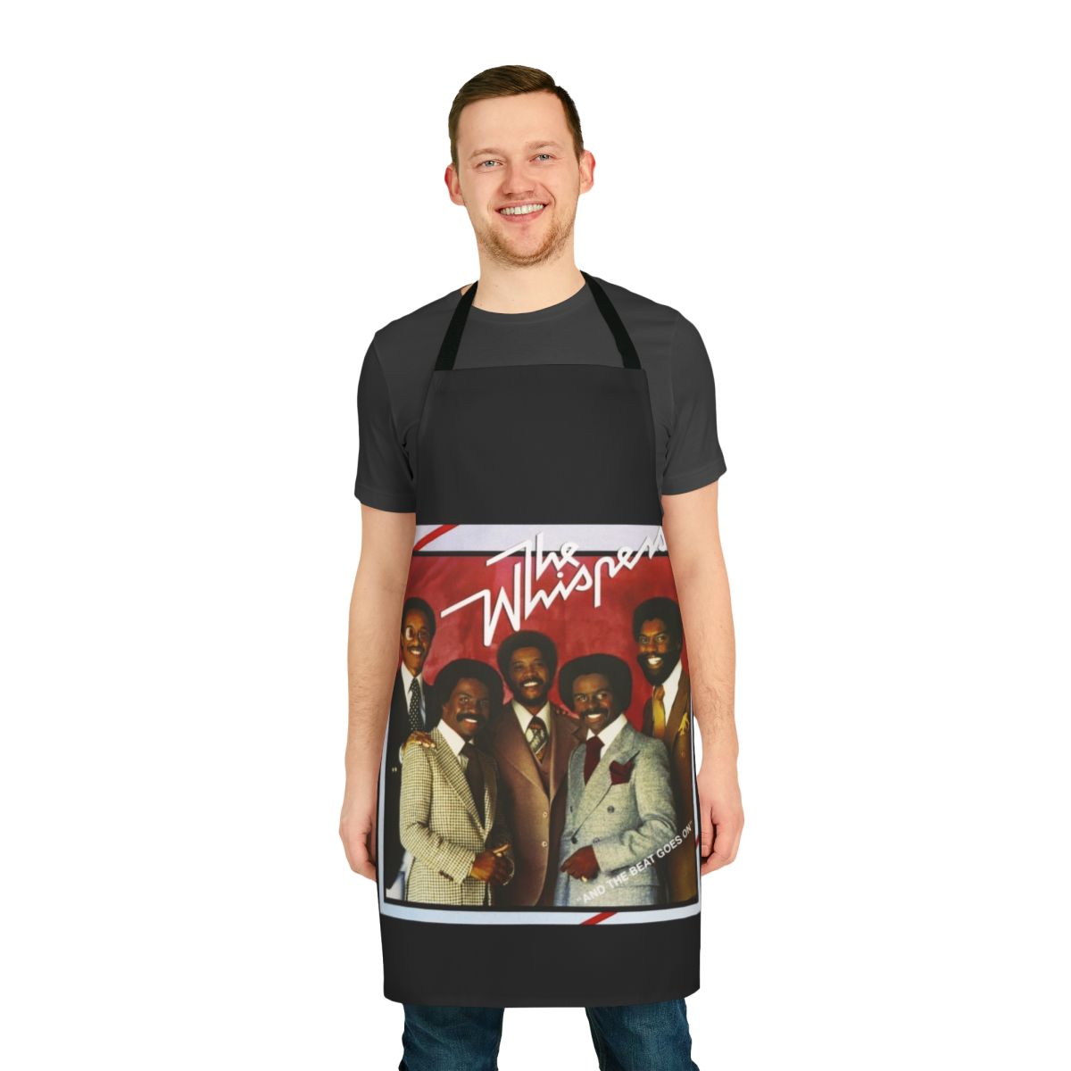 Vintage-inspired apron featuring stylized text and graphics in a retro R&B and funk style