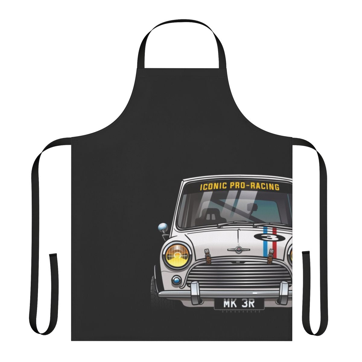 Vintage-style racing apron with automotive design elements