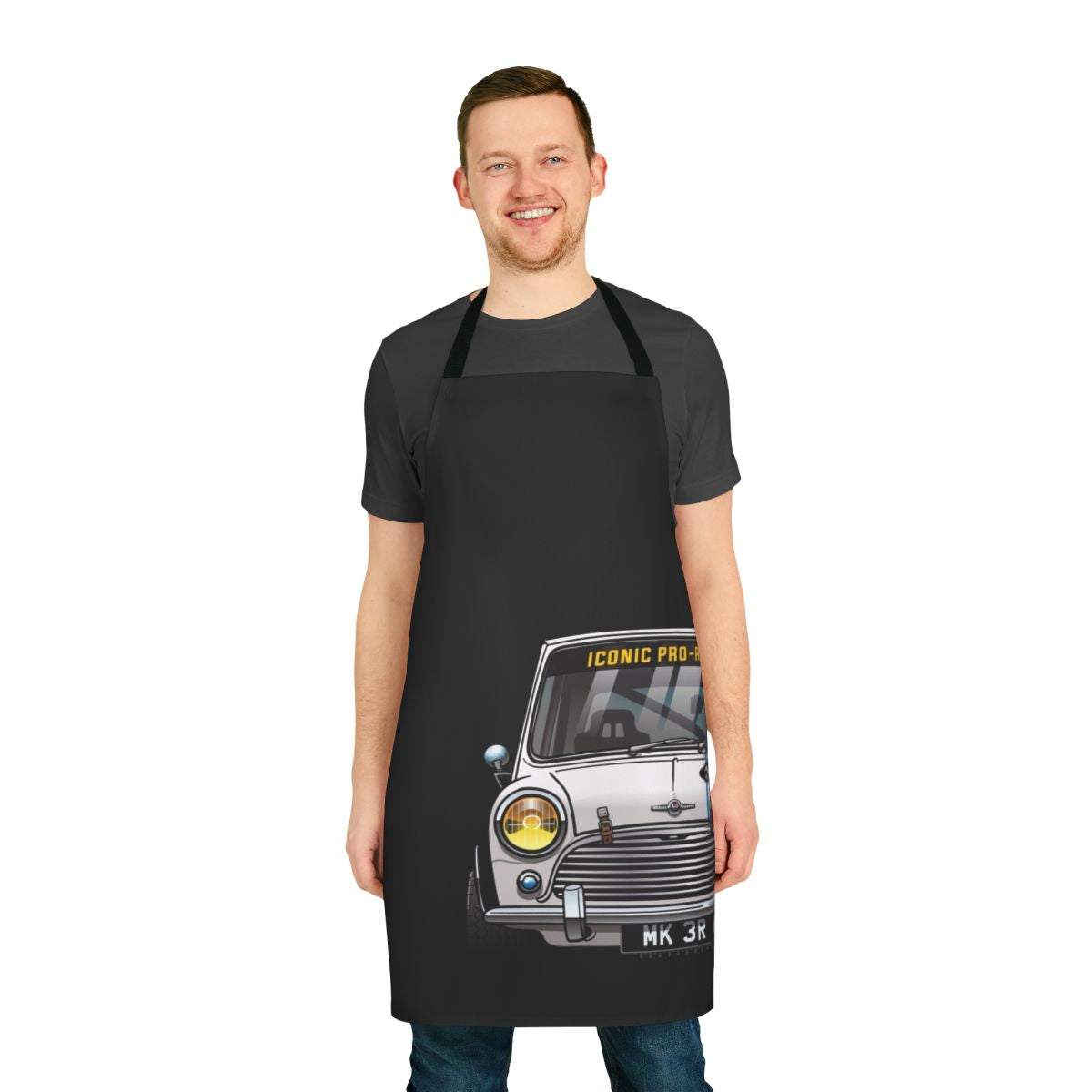 Vintage-style racing apron with automotive design elements