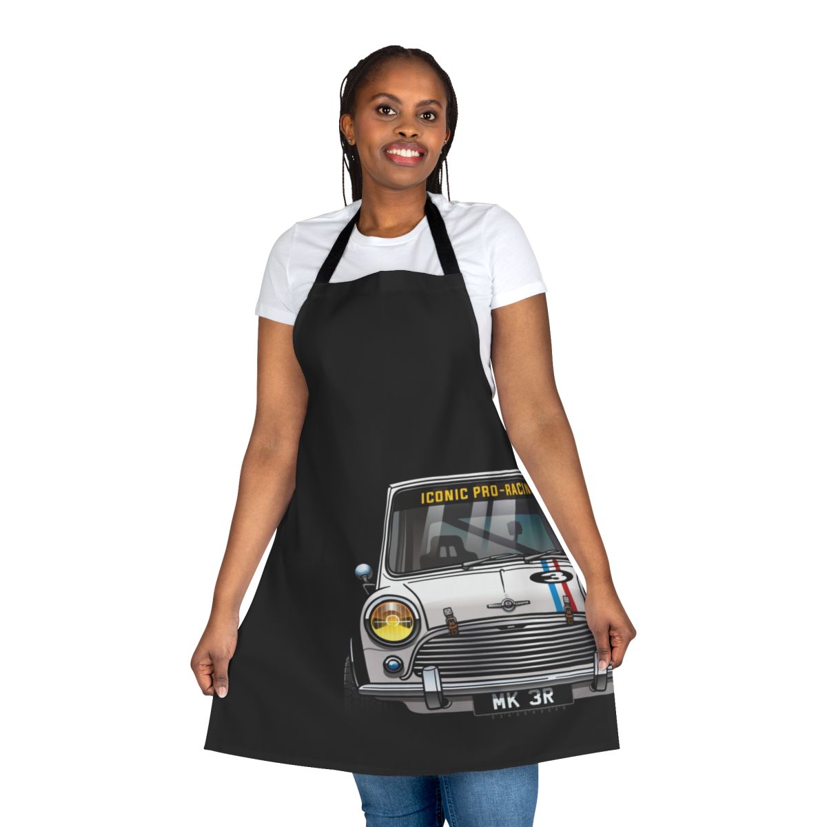 Vintage-style racing apron with automotive design elements