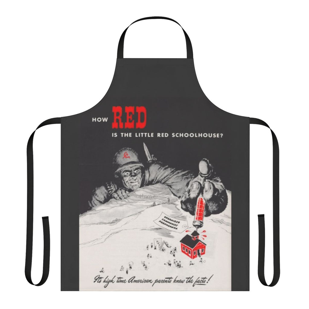 Vintage-style red and white apron with "Little Red School House" design, perfect for patriotic and anti-communist households.