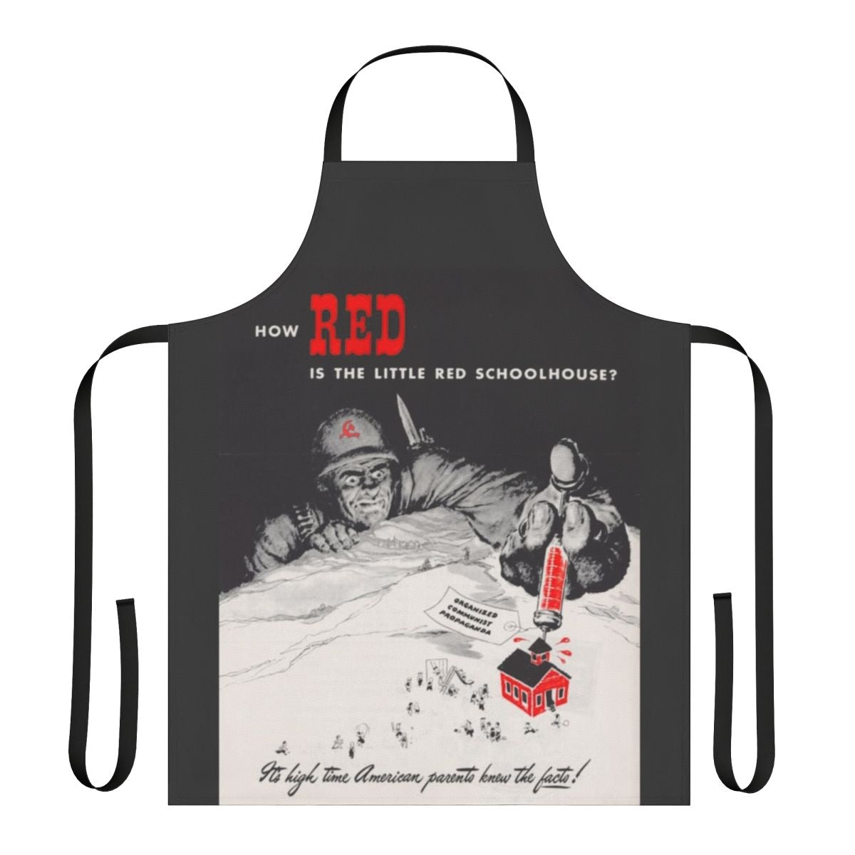Vintage-style red and white apron with "Little Red School House" design, perfect for patriotic and anti-communist households.