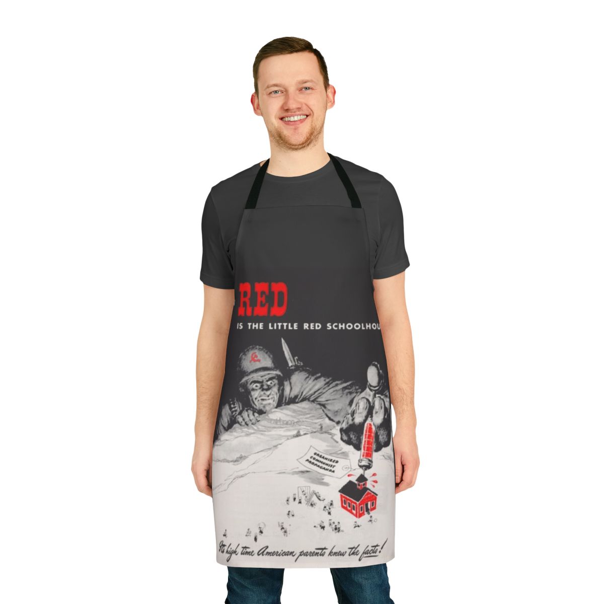 Vintage-style red and white apron with "Little Red School House" design, perfect for patriotic and anti-communist households.