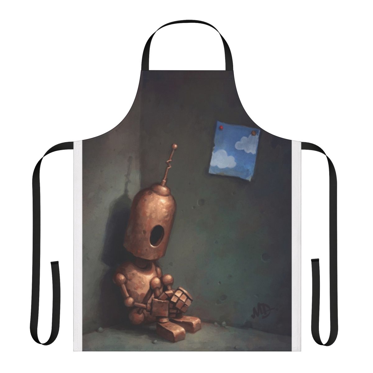 A rusty, vintage-inspired robot apron with a melancholy expression, set against a cloudy sky background.