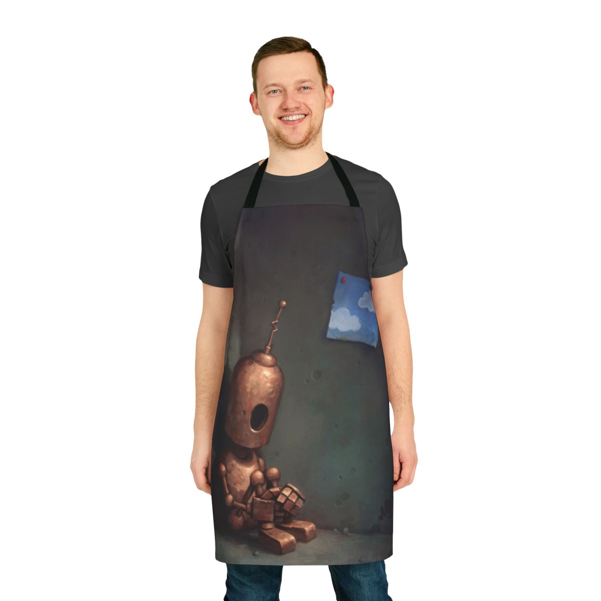 A rusty, vintage-inspired robot apron with a melancholy expression, set against a cloudy sky background.