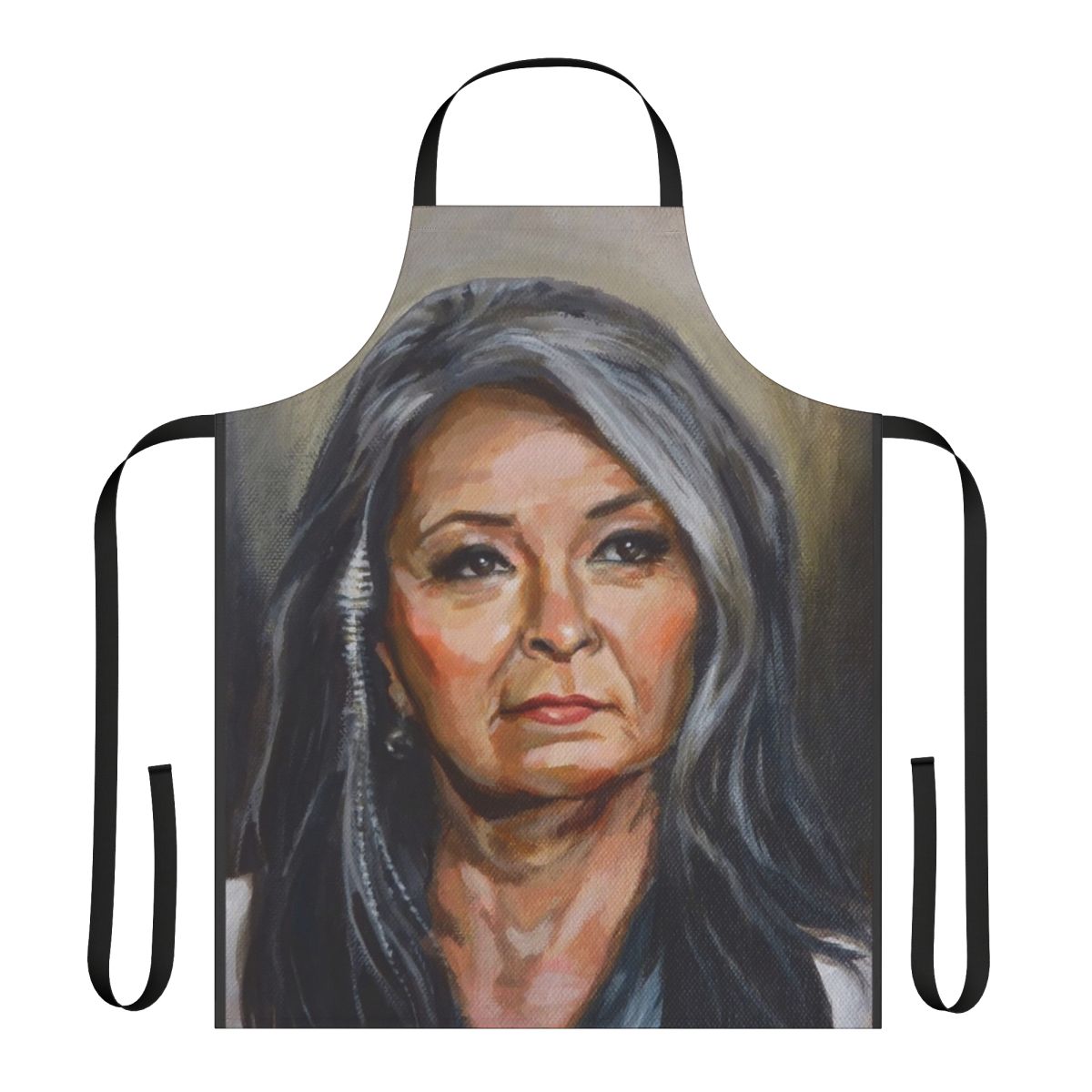 A vintage-inspired apron featuring a portrait of a mature woman with grey hair and a thoughtful gaze, perfect for the kitchen or as a gift.