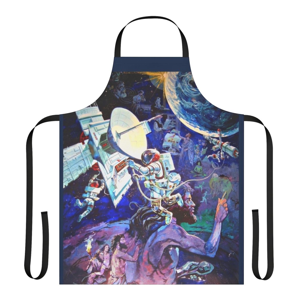 Vintage-themed apron featuring the iconic Spaceship Earth mural from Epcot at Walt Disney World.