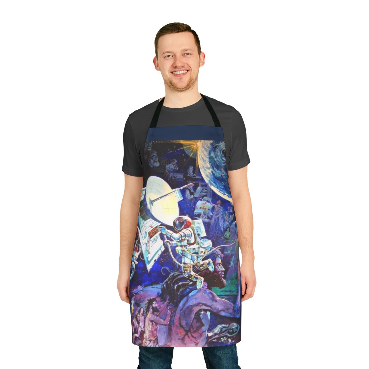 Vintage-themed apron featuring the iconic Spaceship Earth mural from Epcot at Walt Disney World.