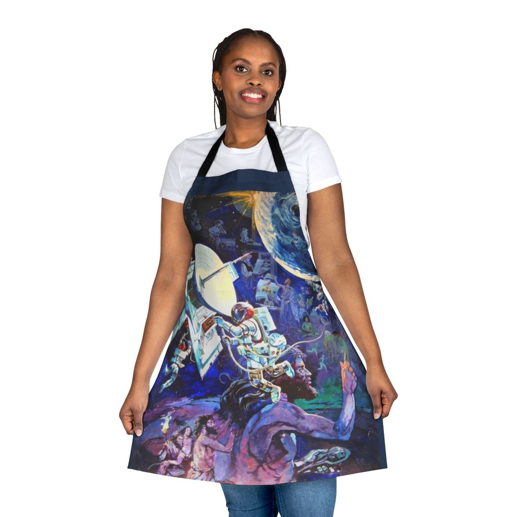 Vintage-themed apron featuring the iconic Spaceship Earth mural from Epcot at Walt Disney World.
