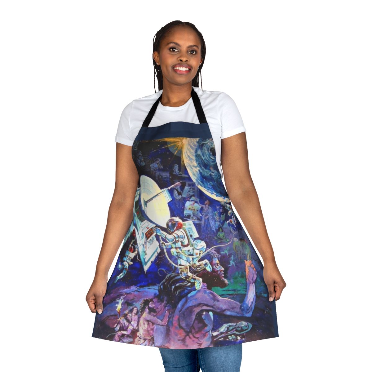 Vintage-themed apron featuring the iconic Spaceship Earth mural from Epcot at Walt Disney World.