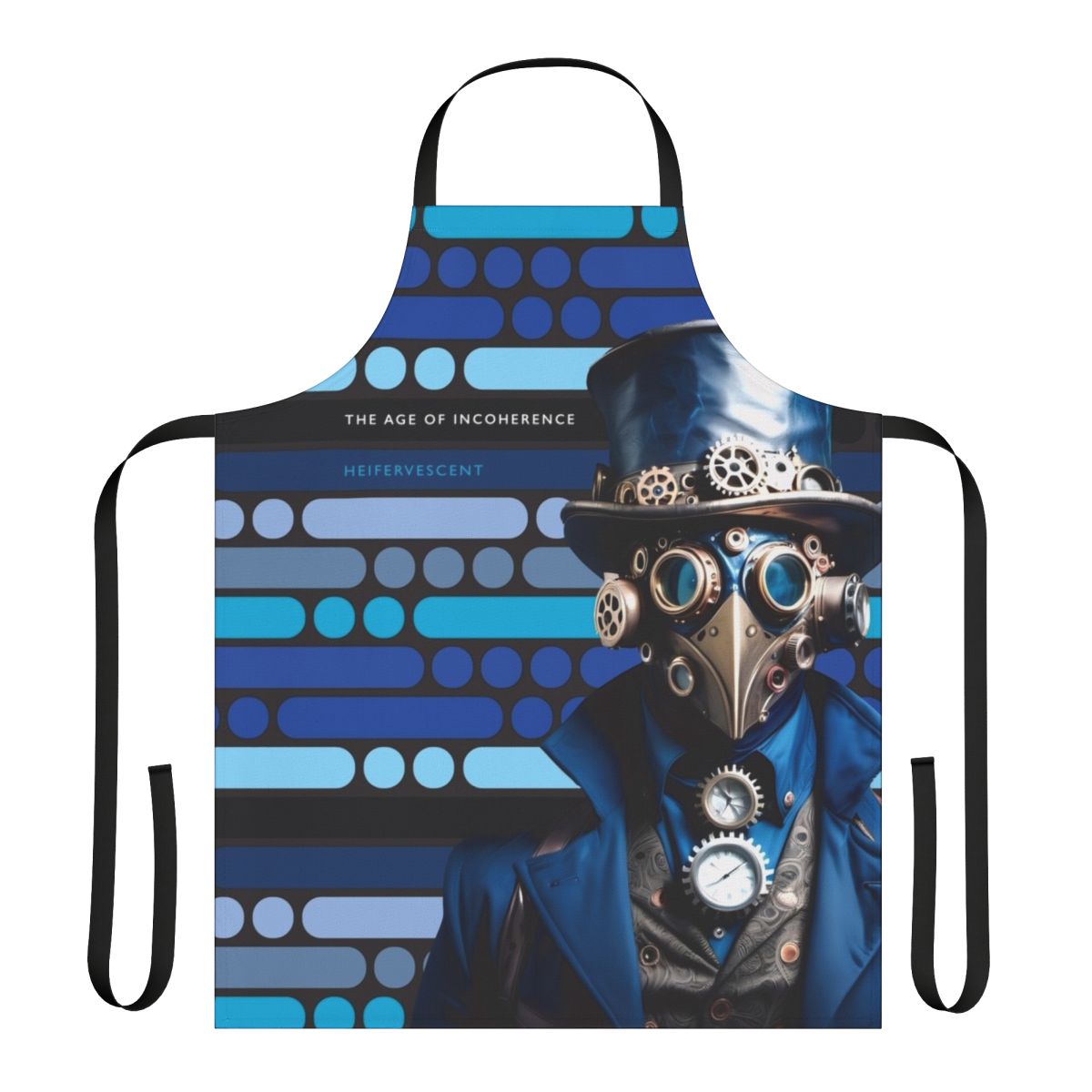 Vintage-inspired blue apron with steampunk and morse code design elements