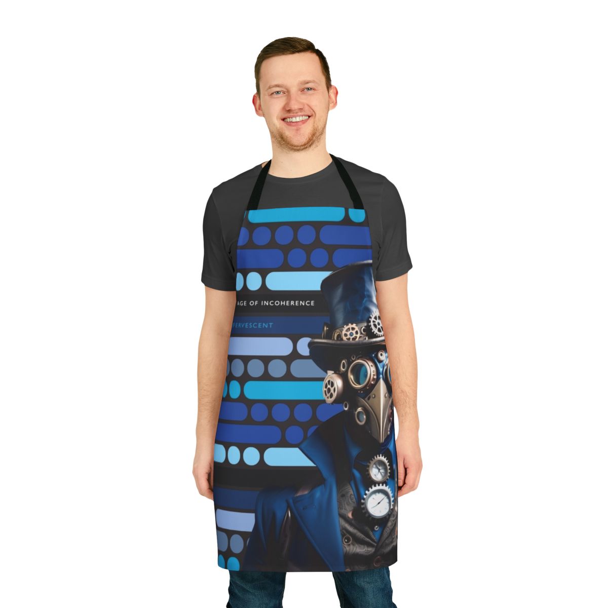 Vintage-inspired blue apron with steampunk and morse code design elements