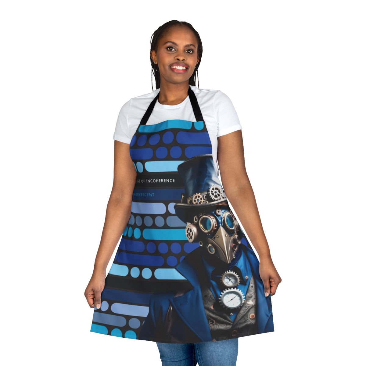 Vintage-inspired blue apron with steampunk and morse code design elements