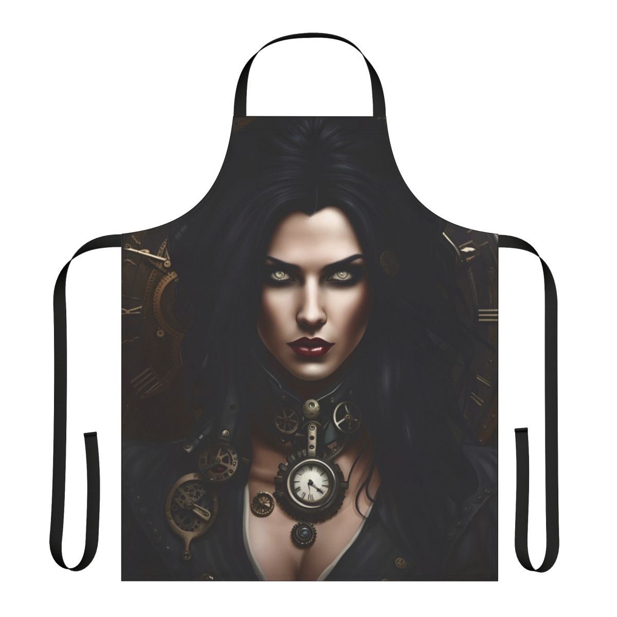 A stylish steampunk-inspired women's apron with retro futuristic details and a gothic vamp flair.