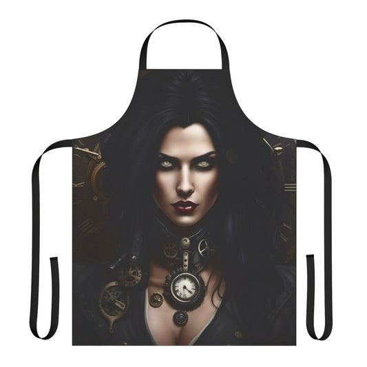 A stylish steampunk-inspired women's apron with retro futuristic details and a gothic vamp flair.