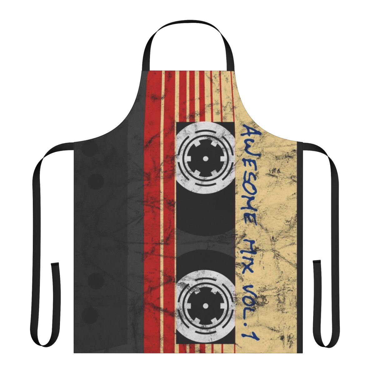 Vintage-inspired apron featuring a "Awesome Mixtape Vol 1" design with Marvel superhero icons like Groot, Rocket, and Star-Lord.