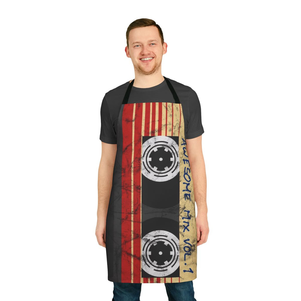 Vintage-inspired apron featuring a "Awesome Mixtape Vol 1" design with Marvel superhero icons like Groot, Rocket, and Star-Lord.