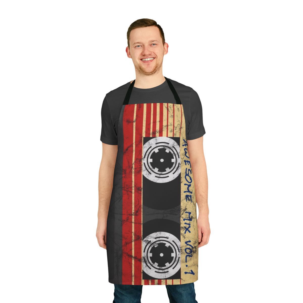 Vintage-inspired apron featuring a "Awesome Mixtape Vol 1" design with Marvel superhero icons like Groot, Rocket, and Star-Lord.