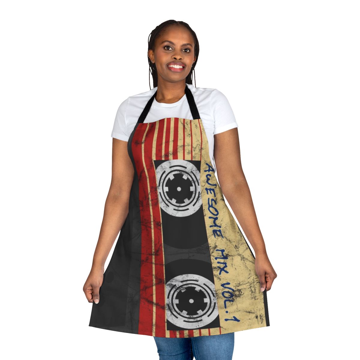 Vintage-inspired apron featuring a "Awesome Mixtape Vol 1" design with Marvel superhero icons like Groot, Rocket, and Star-Lord.