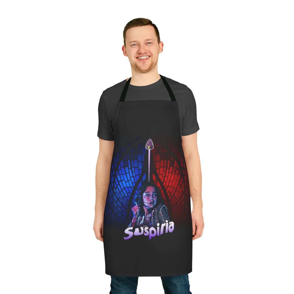 Suspiria-inspired horror-themed art apron in vivid technicolor