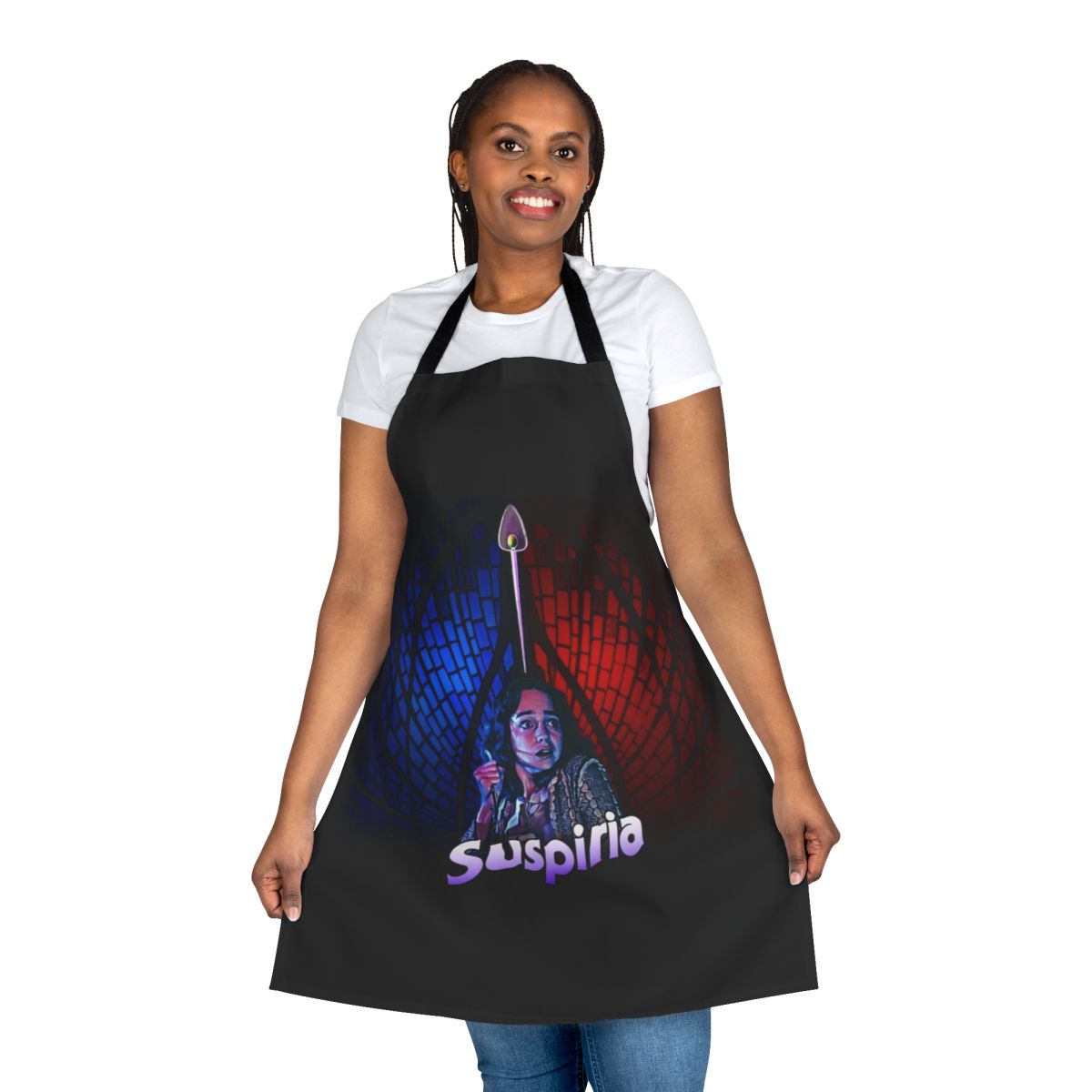 Suspiria-inspired horror-themed art apron in vivid technicolor