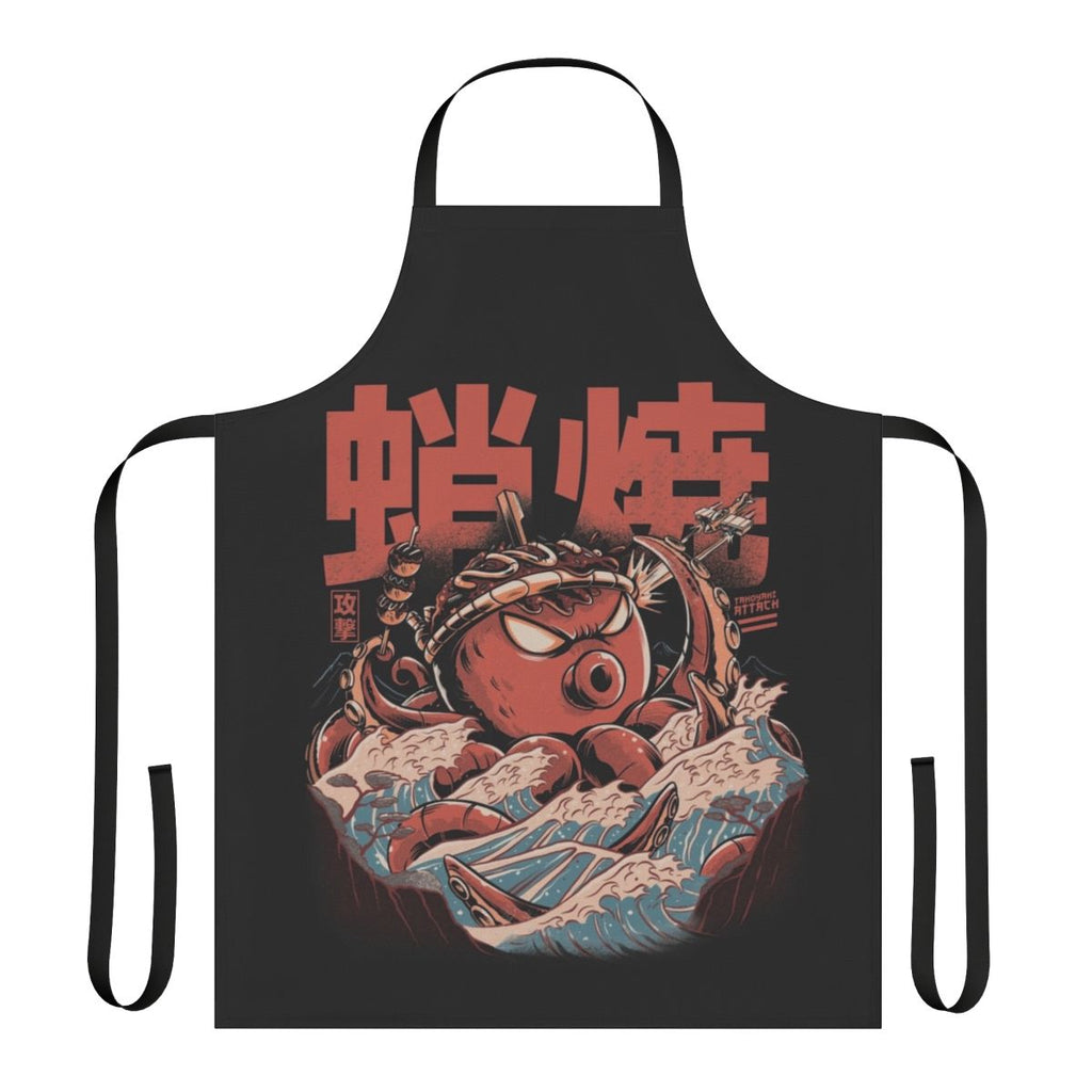 Vintage-inspired black apron with takoyaki, kaiju, and wave motifs