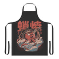 Vintage-inspired black apron with takoyaki, kaiju, and wave motifs