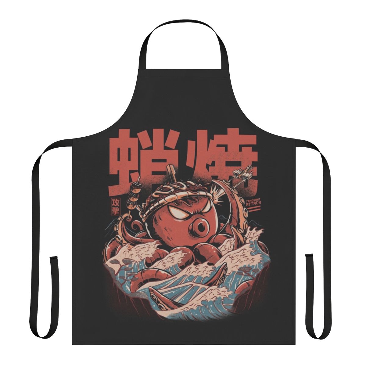 Vintage-inspired black apron with takoyaki, kaiju, and wave motifs