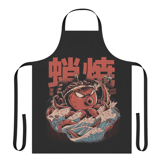Vintage-inspired black apron with takoyaki, kaiju, and wave motifs